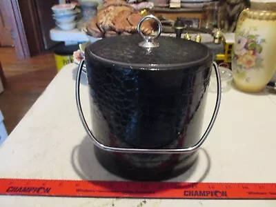 Vintage Faux Alligator Skin Pattern Black Ice Bucket W/ Lid Mid Century Barware • $14