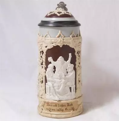 Antique Mettlach Villeroy&Boch Beer Stein #1005 Relief Drinking Scenes C.1897 • $185