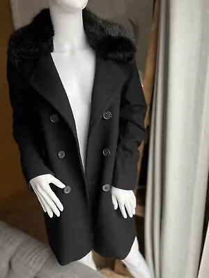 Whistles Women's Double Breasted Coat UK 8 Black Wool Blens With Faux Fur Collar • £55