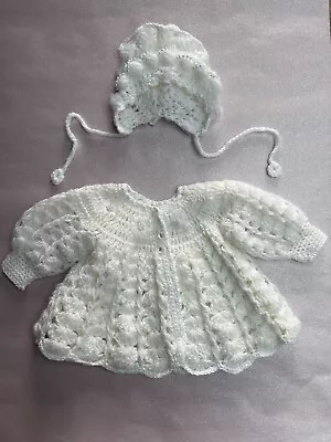 Baby Girls Hand Crochet Matinee Jacket Cardigan & Bonnet 0-3 Mth Newborn Reborn • £10