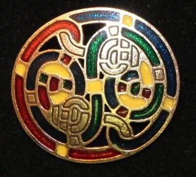 Vintage Miracle Red Green Enamel Celtic Design Pin Gold Tone Sol D'OR Brooch • $10