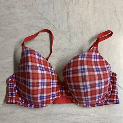 Victoria's Secret Cotton Lined Perfect Coverage Bra Size 36D Red Purple Plaid • $14.99