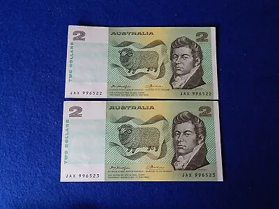 1976 Knight Wheeler $2 Two Dollar Australia Banknotes Ocrb S/t- Consecutive Pair • $32.50