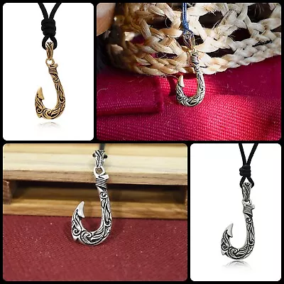 Maori Fishing Hook 92.5 Sterling Silver Brass Charm Necklace Pendant Jewelry • $11.99