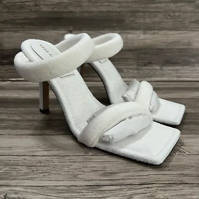 Good American Sandals Sz 10.5 White Terry Square Toe High Stilettos Strappy Sexy • £48.53