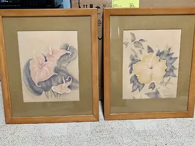 2  Framed Vintage Original Tip Freeman Airbrush Hawaii Hibiscus Anthurium Flower • $99