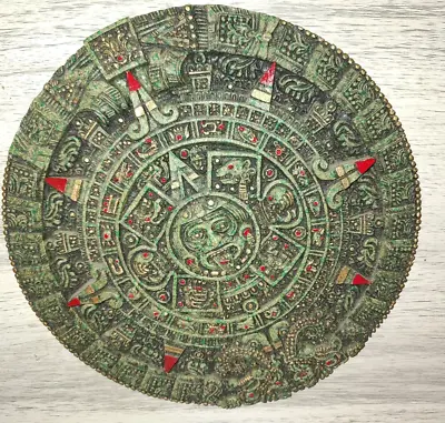 Vintage AZTEC Mayan Sun Calender Jade Green Mixed Stone Wall Plaque 7” • $25