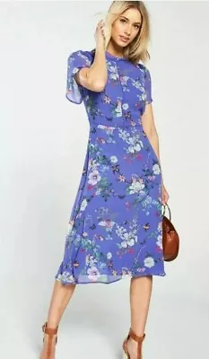 Oasis Fitzwilliam Purple Blue Floral Butterflies Birds Midi Dress 12 Ws £58 READ • £29.99