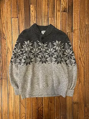 LL Bean Knit Sweater Leather Button Lambs Wool Fisherman Heavy Size Large 298259 • $35.99
