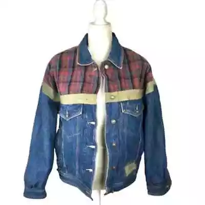 Vintage 90's Denim Jean Jacket Small Blanket Flannel Lined Boxy Fit Plaid Blue • $42.95