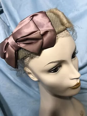 1940's 1950's Vintage Brown Mink Fur Circle Hat Pink Mauve Bow Netting • $45