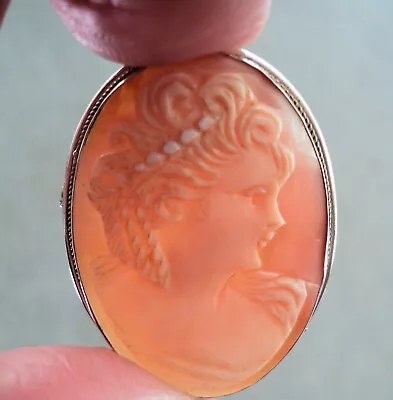 Vtg Handcarved SHELL CAMEO Pendant BROOCH Set In 800 SILVER Woman With Ringlets  • $44.96