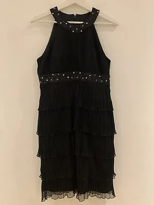 Black Layered Frill Dress 8 Glam Evening Holiday Party Gatsby Classy Pretty Fit • £15.98