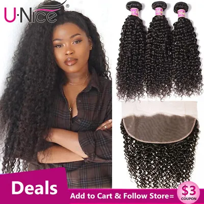 UNice Malaysian Kinky Curly Hair 13x4 Frontal Closure With 3 Bundles Curly Hair • $154.43