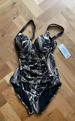 Marks Spencer M&s Secret Slimming Black Printed Plunge Padded Swimsuit £29 Uk 8 • £12.99