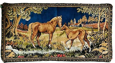 VTG Horse Colt Tapestry Wall Hanging Rug Cabin Trees And Stream River 37  X 20  • $18.99