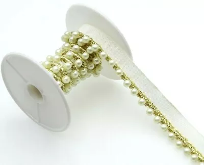 2 YARD Ivory GoldDull Gold Lace Pearl Beaded Vintage Style Trim Ribbon Sewing • £4.79