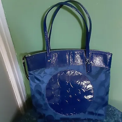 Coach Navy Blue Laura Signature Nylon/Patent Leather Tote  • $45