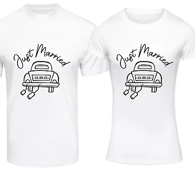 Personalised His & Hers Just Married T-Shirt Set Tshirts Wedding Car Couples • £18.99