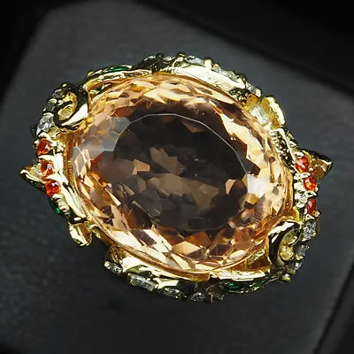 Morganite Peach Orange Oval 13.50 Ct. 925 Sterling Silver Gold Ring Size 6.75 • $37.63