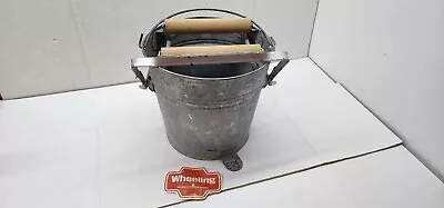 Vintage Wheeling Mop Bucket Galvanized Wood Rollers Wringer Foot Steel Pedal 412 • $49.99