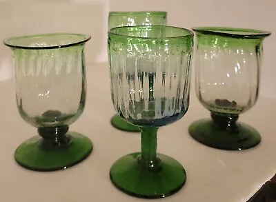 Mexican Glass Hand Blown. Set Of 4 Green Rim. Heavy Glass. 2 Of Each • $28