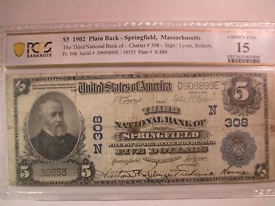 1902 $5 Third National Bank Of Springfield Mass. Currency PCGS Choice Fine 15 • $269