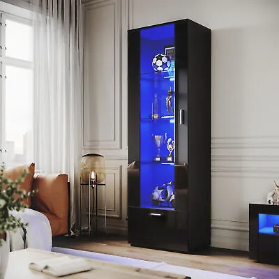 High Gloss Display Cabinet Black Cupboard Tall Storage Sideboard With LED Lights • £152.99