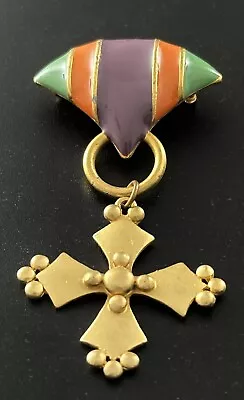 Vintage Dangling Maltese Cross Brooch Purple Orange Green Enamel Signed M JENT#8 • $19.99