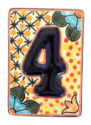 Mexican Talavera Tile House Number Address Orange High Relief HR4 # 4 • $5.50