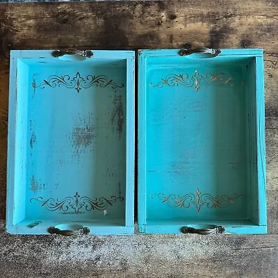 Vintage Rustic Blue Wooden Serving Trays With Handles Set Of 2 Pattern Designed • $24.99
