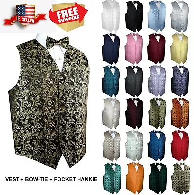 Men's Paisley Formal Tuxedo Vest Bow-Tie & Hankie Set. Wedding Prom Cruise • $22.95