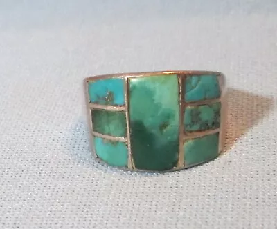 Vintage Silver GEOMETRIC Inlay TURQUOISE Ring ~ Unmarked Southwestern Inlaid • $47.77