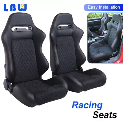 2PCS Racing Seats PU Leather Reclinable Seats Black Velvet Cushion + Red String • $396.96