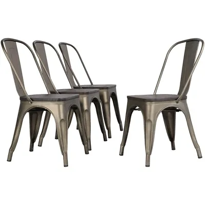 Metal Dining Chair With Wooden Seat Stackable Side Chairs Indoor-Outdoor 4pcs  • $139.99