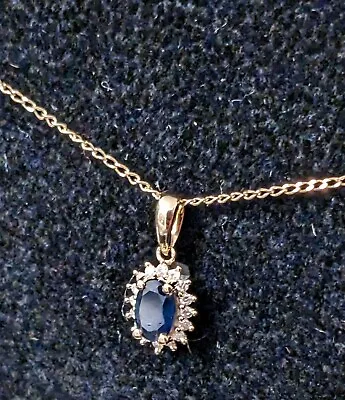 9ct Yellow Gold Sapphire &Diamond Cluster Pendant With Necklace • £110