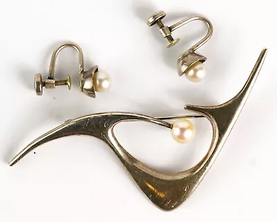 Ed Wiener Boomerang Pearl Abstract Brooch Pin Earrings Sterling Modernist MCM • $200