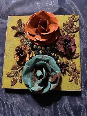 Metal Roses Wood Wall Decor Lime Green Orange Teal Yellow Burgundy Shabby Chic • $16.77