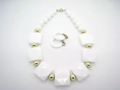 White Lucite Chunky Collar Necklace W/Vintage Hong Kong Clip-On Earrings • $8