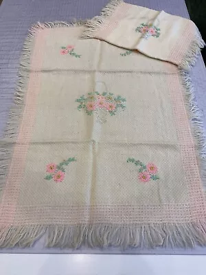 Vintage Handmade Embroidered Baby Blanket Pink Flower Wool? Matching Doll Blnkt • $24.99