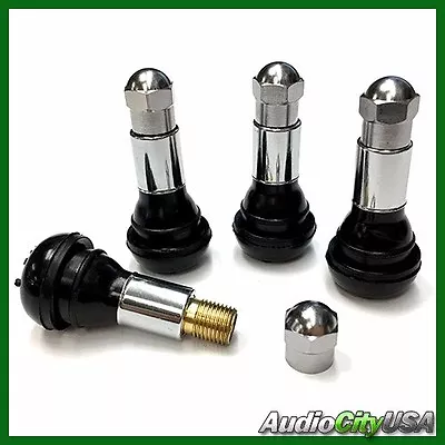 TR413 SNAP-IN TIRE VALVE STEMS WITH CAPS CHROME SLEEVE BLACK RUBBER (4 Pcs) • $1.99