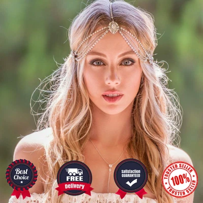 £11.99 • Buy Boho Bridal Forehead Hair Chain Rhinestone Hair Jewelry Crystal Head Piece