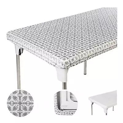  Vinyl Tablecloth Plastic Elastic Corner 8ft 30 X 96 Inch Silver Patterned • $33.14