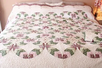 JC Penny Home Queen Patchwork Quilt 90 X 87  Cabin Green Burgundy Standard Shams • $67.50