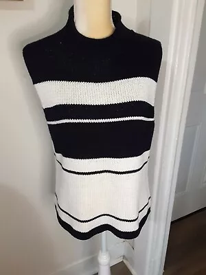 Hand Knit Striped Sleeveless Cotton Sweater L Mock Turtleneck Navy White • $8.40