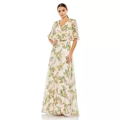 MAC DUGGAL Floral Print Chiffon A-Line Gown Maxi Dress Peach Size 6 NWT • $289.99