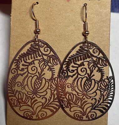 HANDMADE Rose Gold Plated Egg Shaped Drop Laser Cut Floral Hook Earrings • $11.95