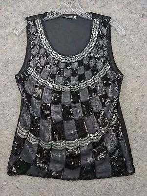 NIC & DOM Top Womens Large Black Silver Sequin Sleeveless Sparkly Glam Blouse • $16