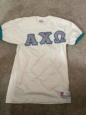 Vintage Alpha Chi-Omega Big Brother Ringer T-Shirt Men's Small White Blue Purple • $30.79