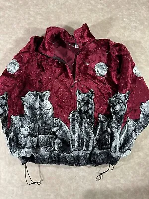 Vintage Mazmania Mens Wolf Graphic Overprint Fleece Jacket Made In USA Red 2X • $48.99